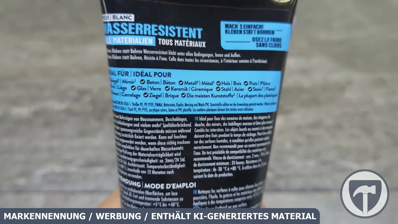 Die Rückseite listet geeignete Materialien wie Holz, Beton oder Metall sowie Hinweise zur wasserresistenten Anwendung auf.